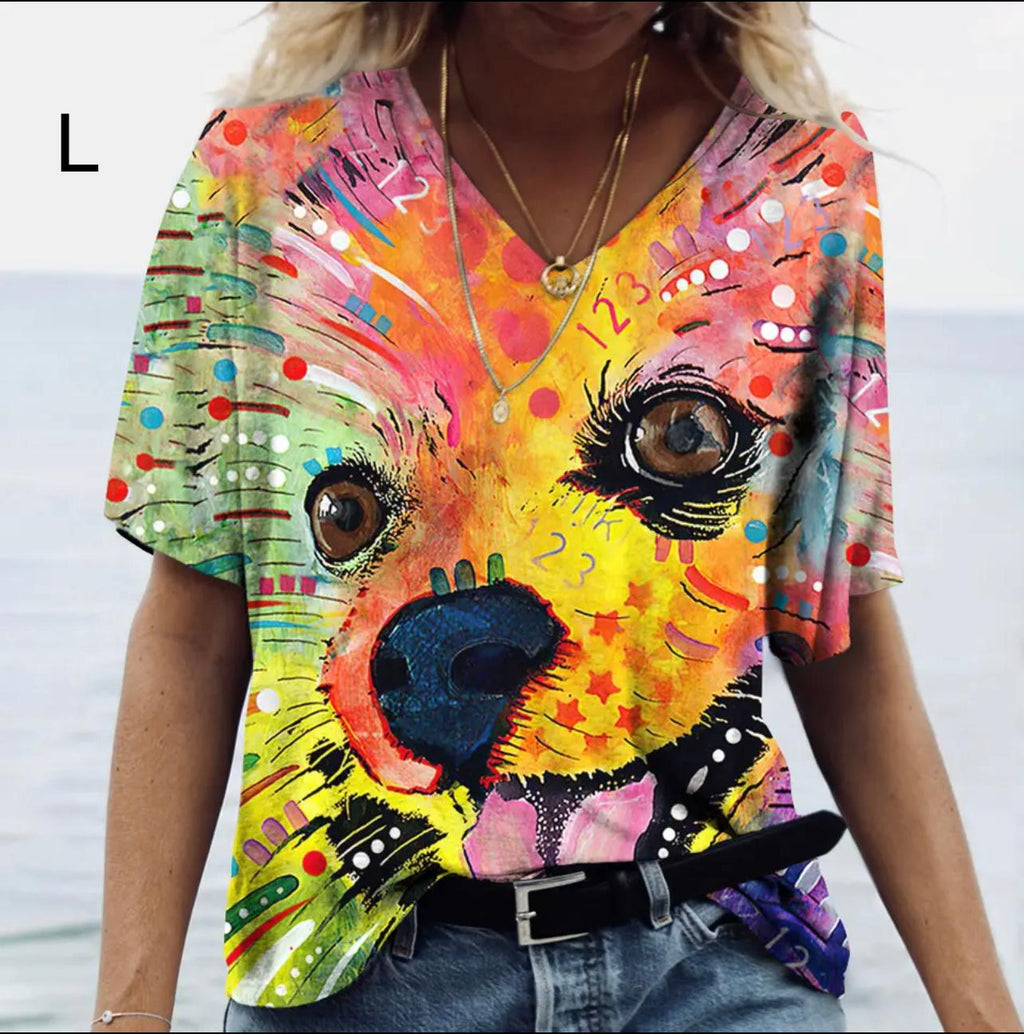 Camiseta de adulto con cuello V y cara de perro colorida en tamaño grande