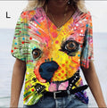 Camiseta de adulto con cuello V y cara de perro colorida en tamaño grande