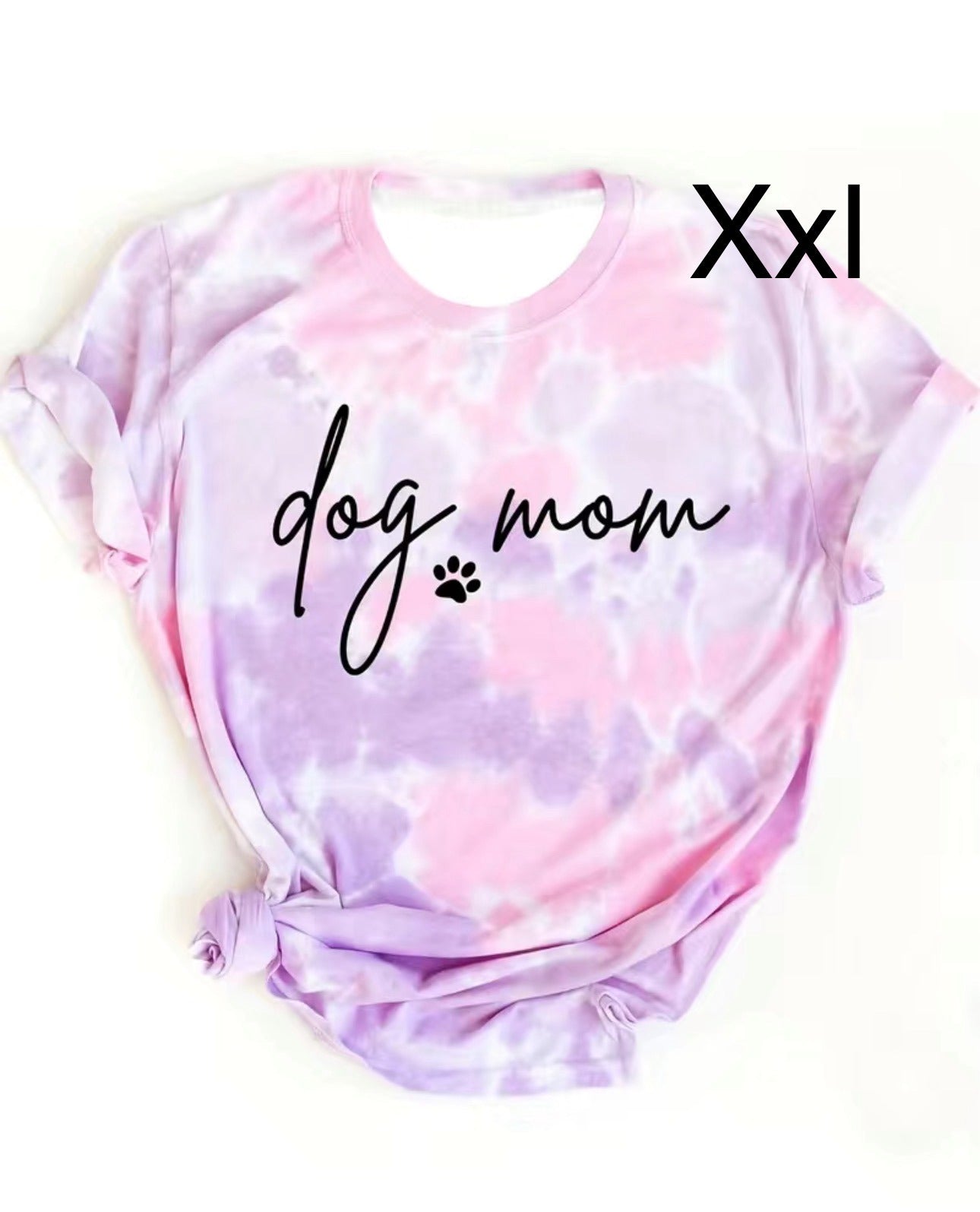Camiseta en colores sosa y lila con mensaje de Dog Mom en XXL