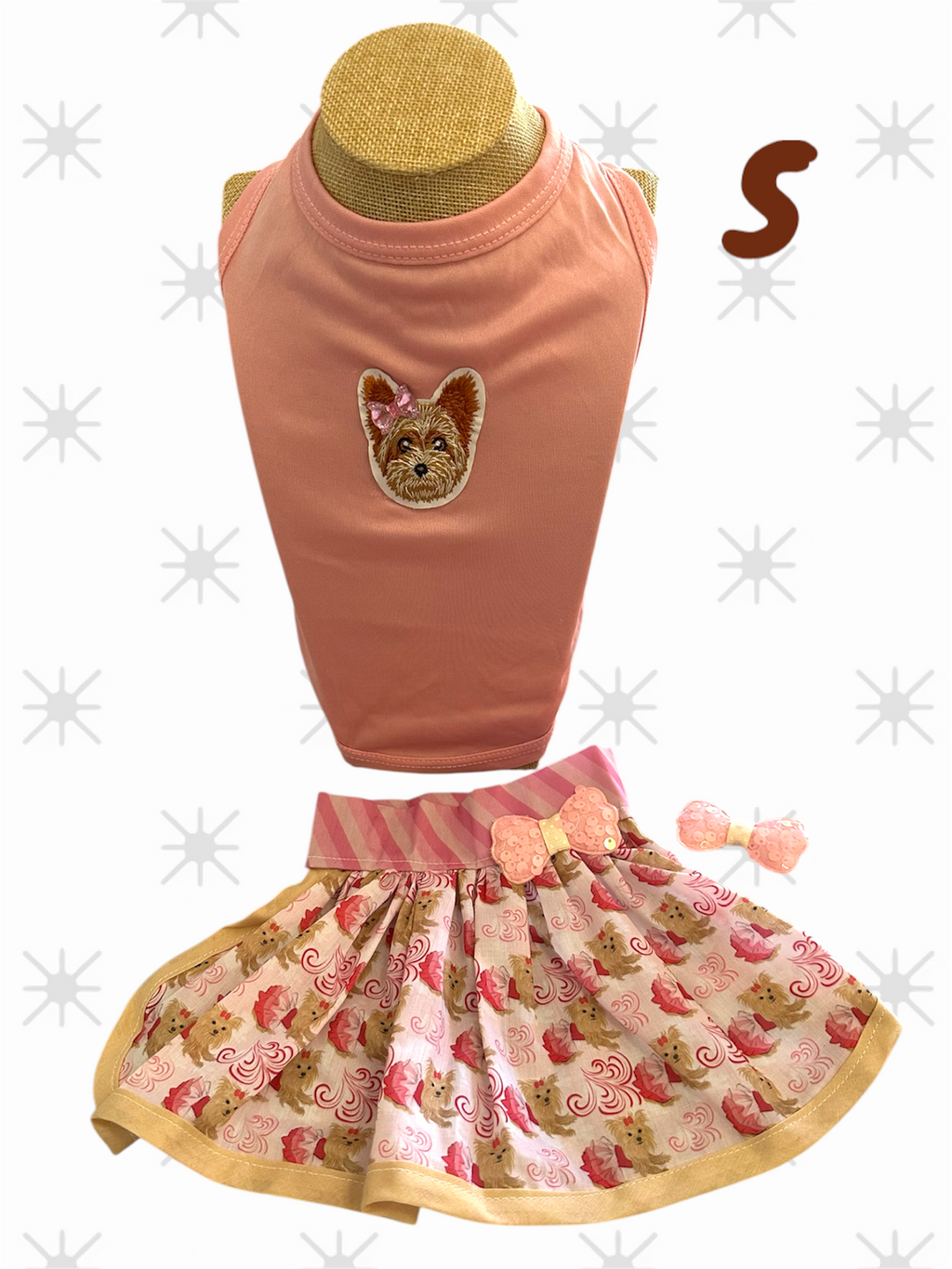 Conjunto de falda, blusa y lazo para peluditas hecho a mano