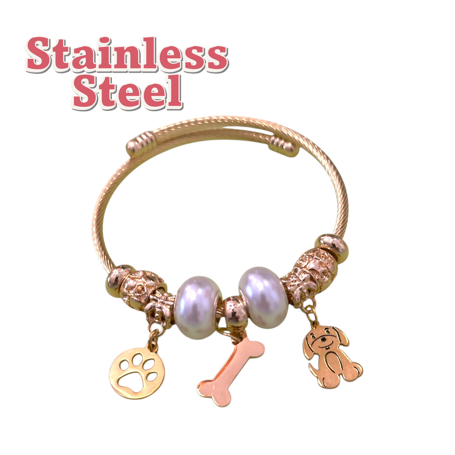 Pulsera rígida en acero inoxidable con dijes de perritos